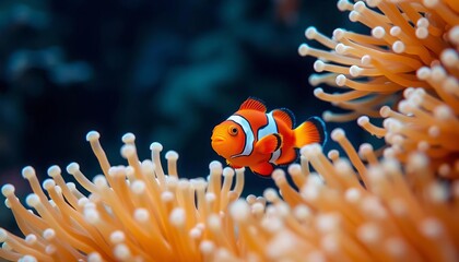 Vibrant clownfish dart through fluffy white anemones, shallow depth of field, whimsical underwater scene,  underwater photography,  depth of field