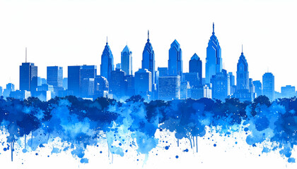Blue Philadelphia Skyline Watercolor.