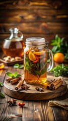 Fermented tea drink in a glass jar on a wooden table with natural ingredients and earthy tones