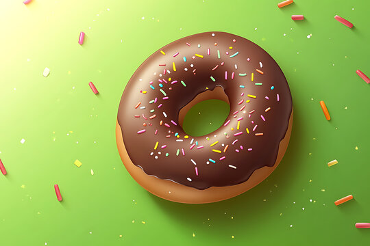 Chocolate frosted donut with colorful sprinkles on a vibrant green background, ideal for dessert themes