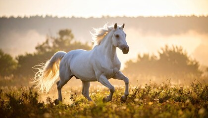 Majestic white horse in sunrise field