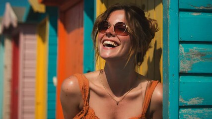 Bright summer day with smiling woman in colorful beach huts