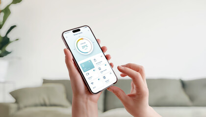 Smart home interface on smartphone showing temperature control and connected devices in cozy living space