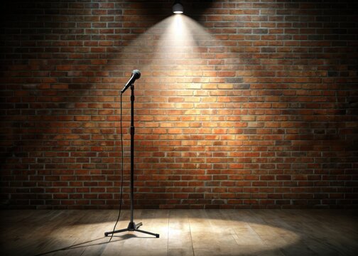A dimly lit stage with a solitary spotlight shining down on a mic stand