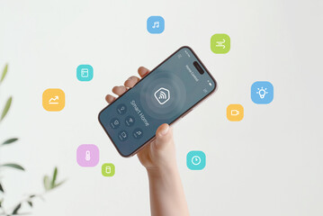 Smart home interface featuring multiple home automation functions visualized through bright graphic...