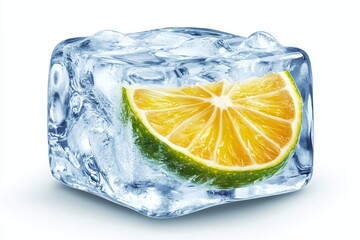 Closeup Of Citrus Fruit Slice Frozen In Ice Cube On White Background