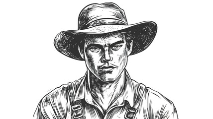 Young Farmer Portrait Logo Icon In Simple Old Black Style