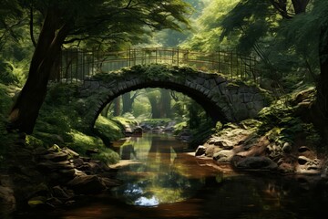 Sunlight filters through the trees, illuminating an ancient stone bridge spanning a tranquil river in a lush green forest