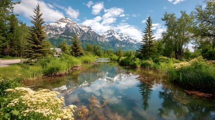 Serene Mountain River Landscape with Reflection and Blooming Flowers