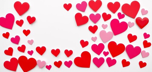 Variety of red, pink, and white heart stickers on white background, wedding, love
