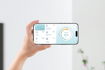 Horizontal smartphone view with smart home dashboard showing cooling, camera, and device status