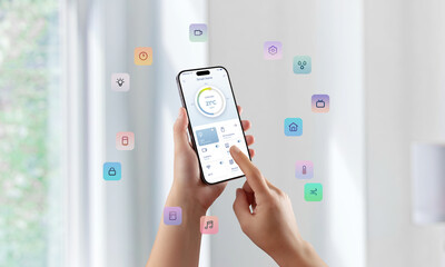 User controlling smart home features with floating colorful icons surrounding smartphone screen