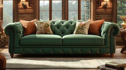 Luxurious emerald green tufted sofa in a rustic lodge interior.