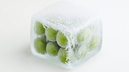 Closeup Of Frozen Green Grapes In Ice Cube On White Backgrounds