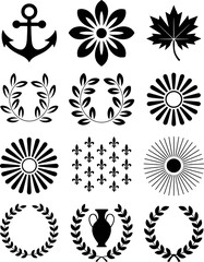 Nautical anchor floral leaf laurel wreath sunburst fleur de lis vase emblems vector © vector Art