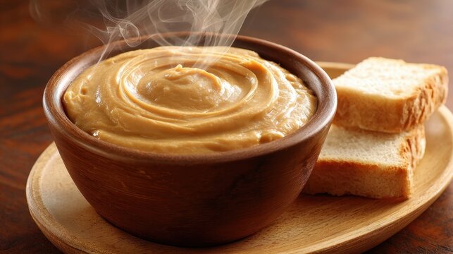 Closeup of a wooden table adorned with a steaming bowl of velvety peanut butter ideal for spreading on toast or enjoying as a savory dip for vegetables showcasing simplicity and comfort