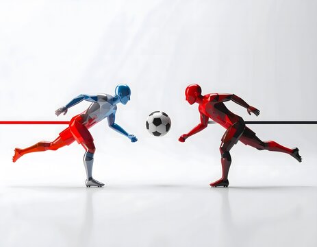 Two robot soccer players contesting ball during penalty kick