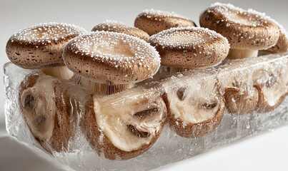 Closeup Of Frozen Brown Mushrooms In Ice Cube