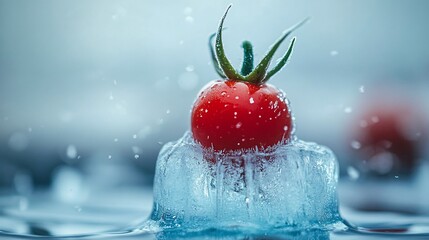 Closeup Of Frozen Red Cherry Tomato On Ice Cubes