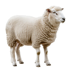 A realistic fluffy white sheep standing side view, thick wool texture, fully visible legs and head