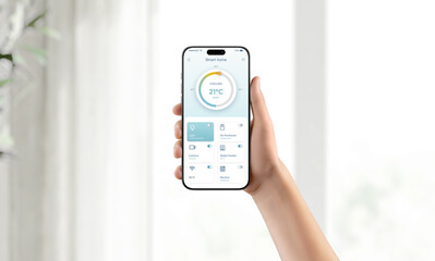 Smartphone displaying smart home cooling control and device monitoring on clean white background