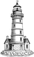 Tall coastal beacon structure with attached dwellings and rocky shoreline lighthouse tower