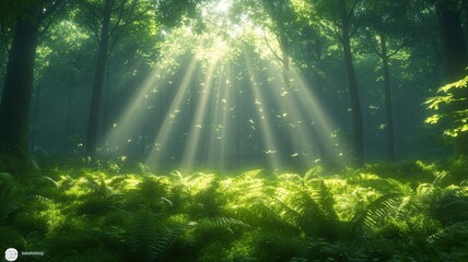 Obraz premium Magical Forest Sunbeams Shining Through Trees forest sunbeams trees magical woodland nature sunlight