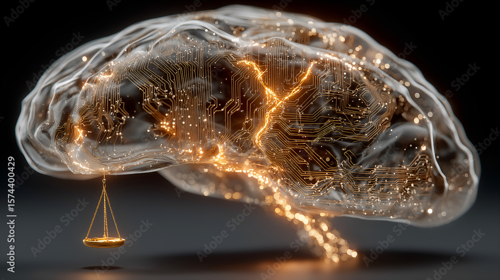 Poster balancing act of mind: a translucent brain with illuminated neural pathways, a symbol of thought and