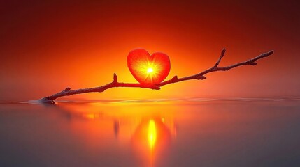 Heart Shaped Glowing Light on Branch Reflecting in Water Surface