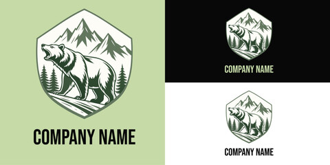 Vector art of a powerful grizzly bear stands tall against a backdrop of majestic mountains and pine trees, embodying the spirit of the wild © Unicorns