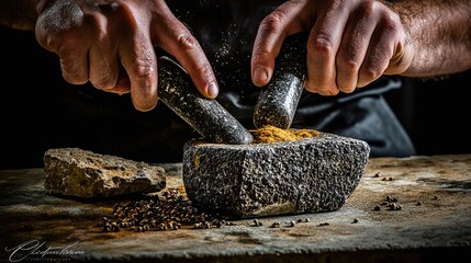 Closeup Of Hands Grinding Spices In Stone Mortar And Pestle