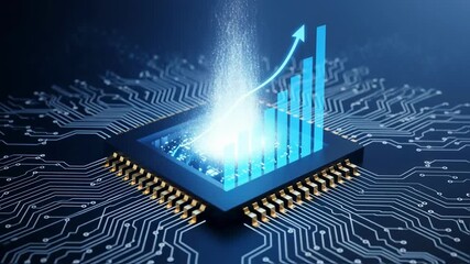 3d render of a cpu on a circuit board with a glowing holographic bar chart showing upward growth, representing technological progress, data analysis, and financial market success - Powered by Adobe