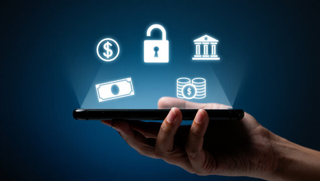 Digital financial icons displayed above smartphone hand finance - Powered by Adobe