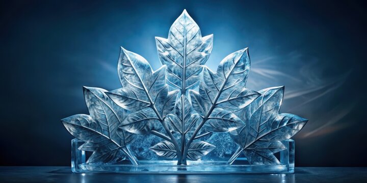 A sleek and modern ice sculpture with intricate carvings of silver leaves