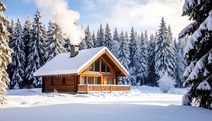 Snowy log cabin nestled in a frosty forest