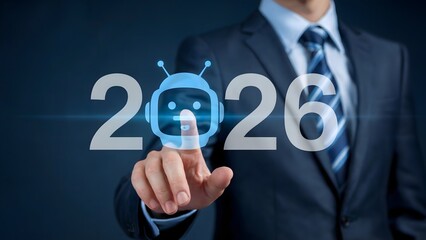 A businessman interacts with the year 2026, using a digital robot icon, highlighting artificial intelligence's rise and expected future impact on global business trends.