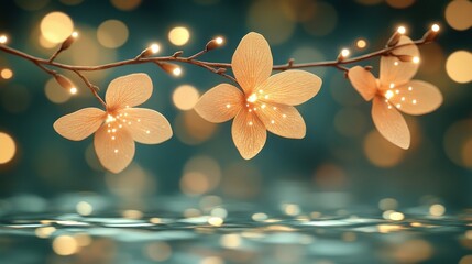 Abstract Golden Flowers With Bokeh Lights On Water Background Illustration