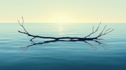 Reflection of Dry Branch Floating on Clear Blue Water Surface