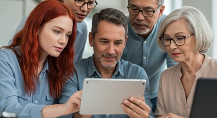 Group of Diverse Senior and Young Adults Using Tablet in Modern Office Setting