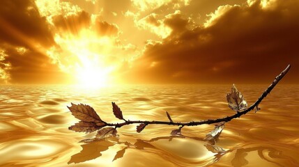 Golden Branch Reflecting Sunset in Water and Cloudy Sky Landscape