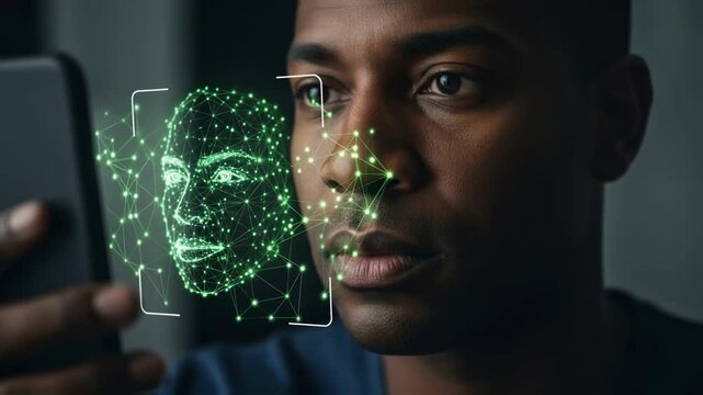 Animation of facial recognition technology scanning a black man's face with a digital plexus grid for biometric identification, representing security, AI and future technology innovation - Powered by Adobe