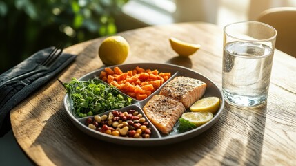 A balanced meal on a wooden table, divided into quarters showing protein, fiber, healthy fats, vitamins. 