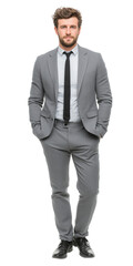 Corporate-style male figure dressed in business attire, walking with relaxed body language and positive energy. Clean white background