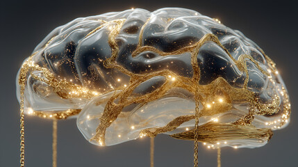 Brain: Golden Illuminated: The image features a detailed representation of the human brain, delicately adorned with intricate golden pathways and glowing lights.