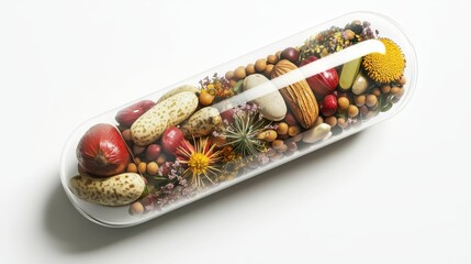 A transparent capsule filled with fruits, nuts, lentils, beans, flowers, herbs on white background, with an overhead perspective, l