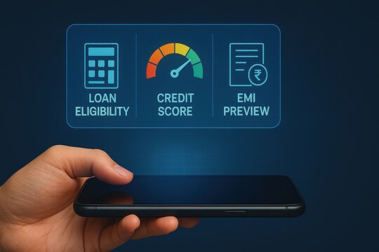 Mobile Finance App with Loan Eligibility, Credit Score Visualization, and EMI Preview in Futuristic UI
