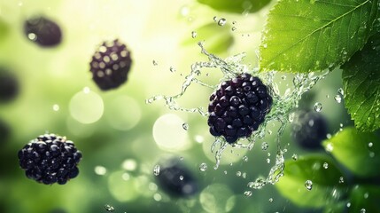 Broken blackberries, blurred background of green leaves, splashes of water around, pieces of fruit flying in the air, realistic photography style,