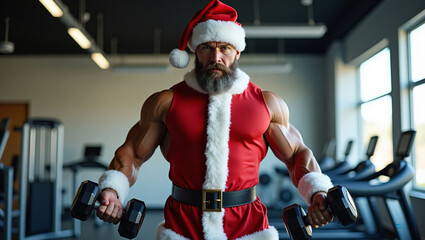 Muscular Man in Santa Claus Outfit Working Out in Gym – Bicep Curls with Dumbbells
