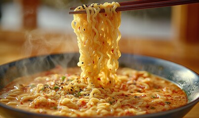 Closeup Of Steaming Noodles Lifted With Chopsticks From A Spicy Broth Bowl