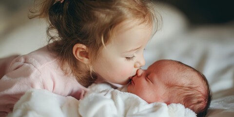 Joyful Big Sister Kissing Newborn Baby Girl at Home During Daytime